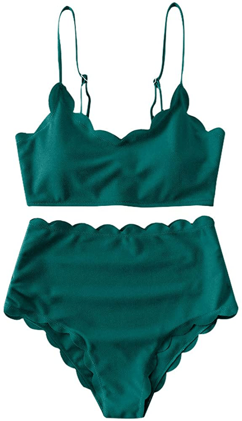 ZAFUL Women's High Waisted Wide Strap Adjustable Back Lace-up Bikini Set Swimsuit Apparel & Accessories > Clothing > Swimwear ZAFUL Greenish Blue-spaghetti Straps Medium