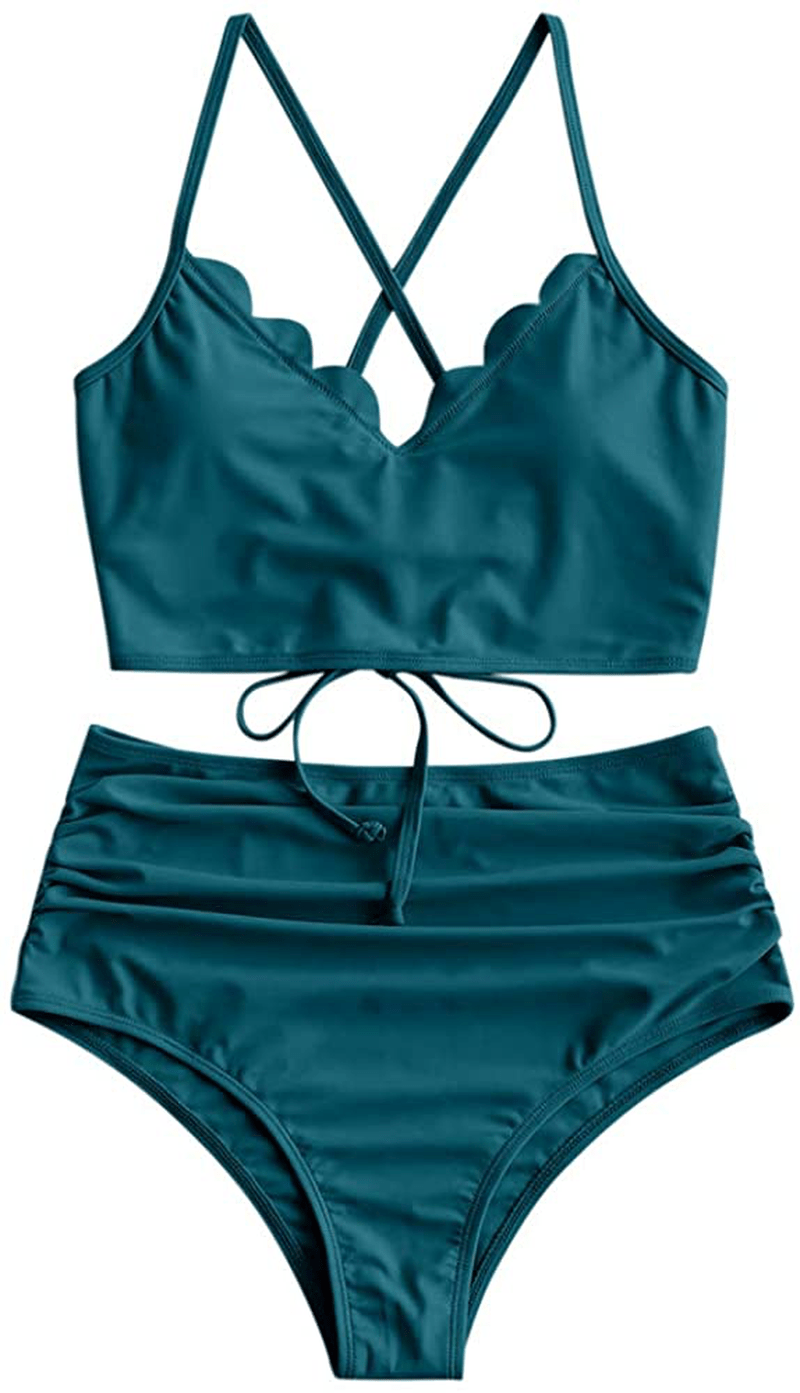 ZAFUL Women's High Waisted Wide Strap Adjustable Back Lace-up Bikini Set Swimsuit Apparel & Accessories > Clothing > Swimwear ZAFUL Deep Green-ruched XX-Large