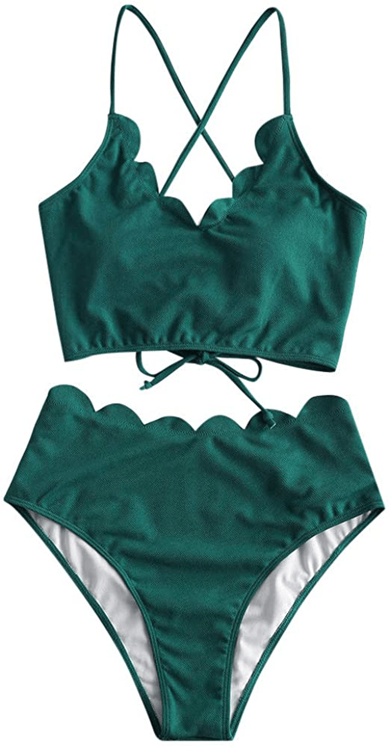 ZAFUL Women's High Waisted Wide Strap Adjustable Back Lace-up Bikini Set Swimsuit Apparel & Accessories > Clothing > Swimwear ZAFUL Peacock Blue-a Large