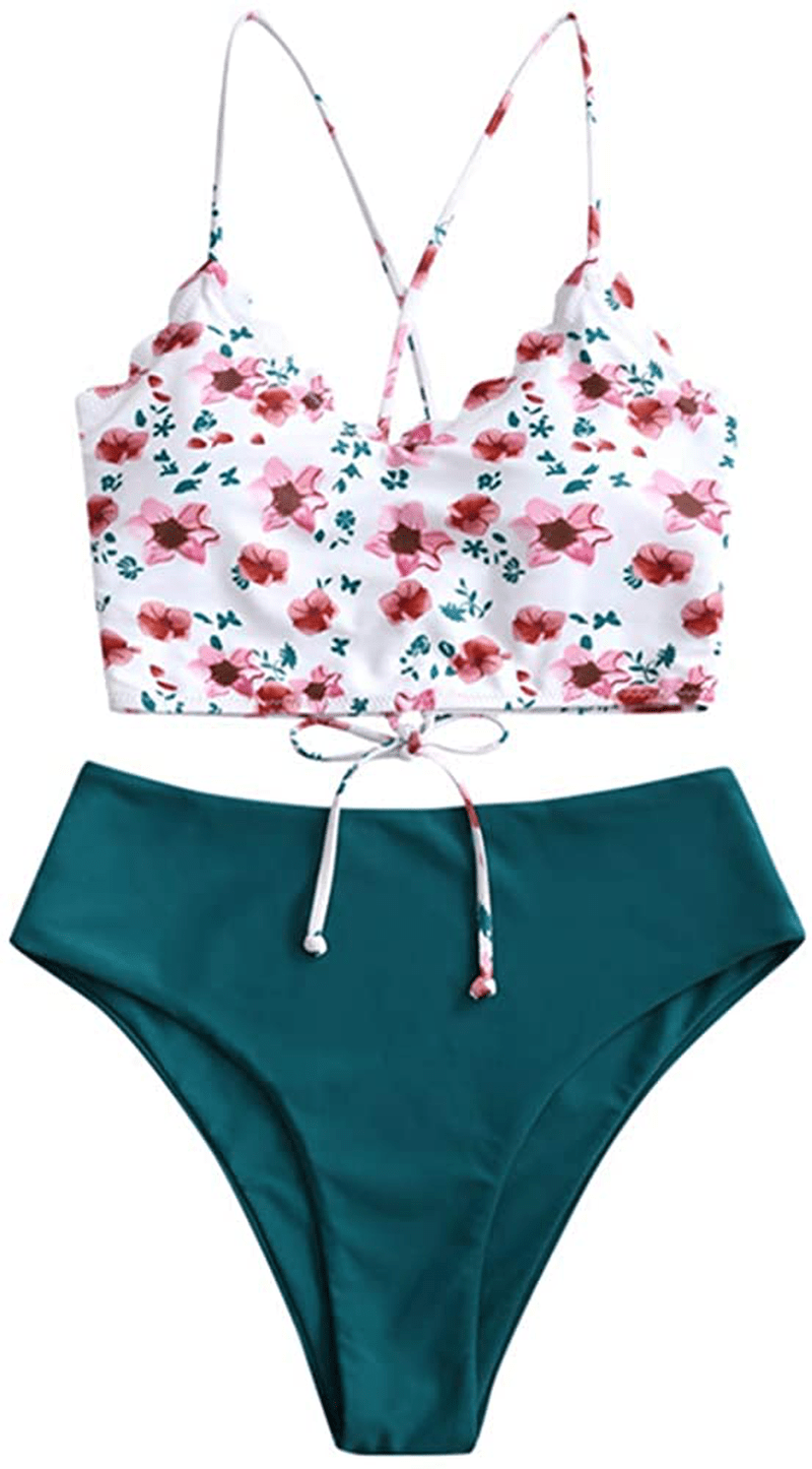 ZAFUL Women's High Waisted Wide Strap Adjustable Back Lace-up Bikini Set Swimsuit Apparel & Accessories > Clothing > Swimwear ZAFUL White&peacock Blue-floral Small