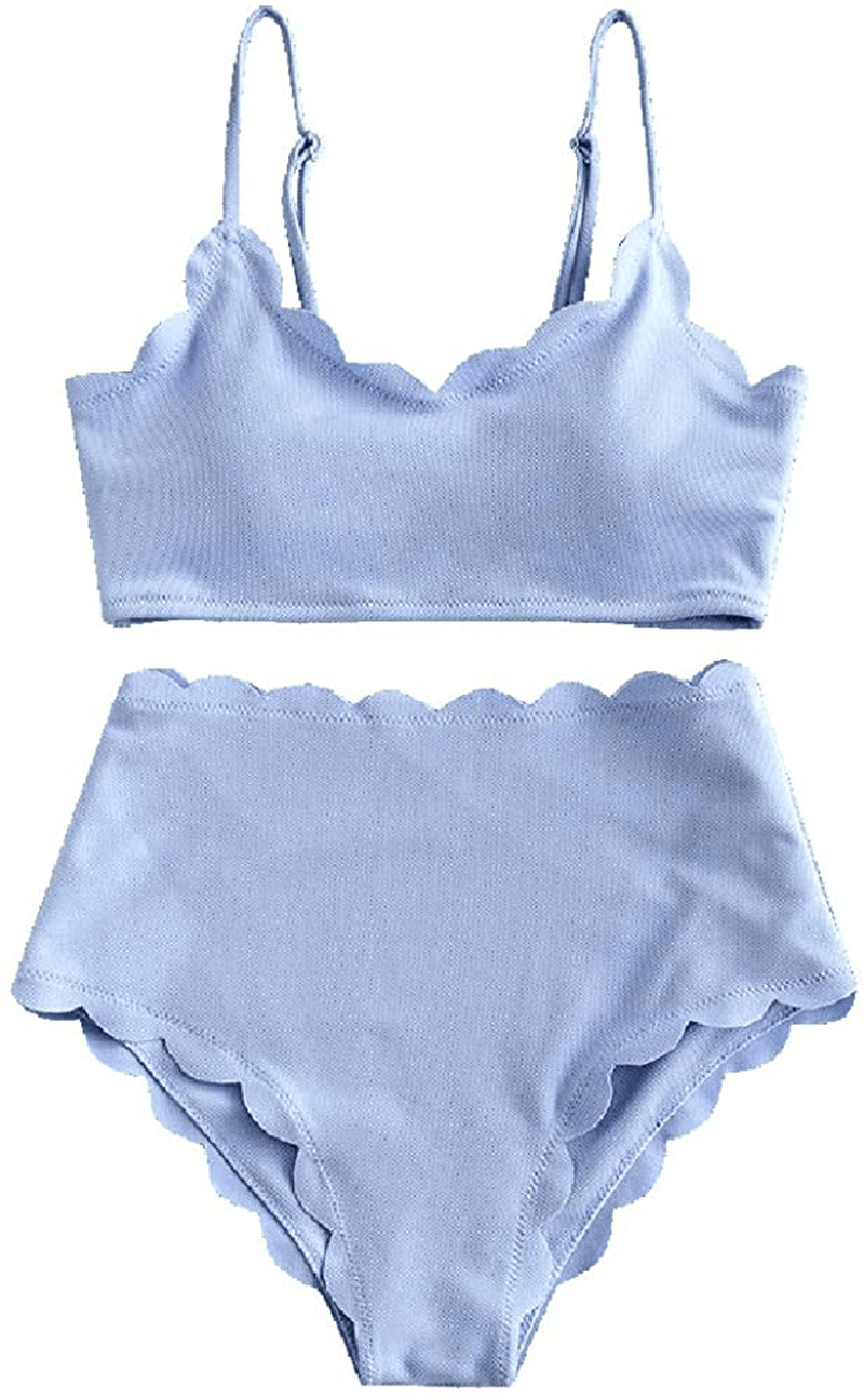ZAFUL Women's High Waisted Wide Strap Adjustable Back Lace-up Bikini Set Swimsuit Apparel & Accessories > Clothing > Swimwear ZAFUL Light Blue-spaghetti Straps Large