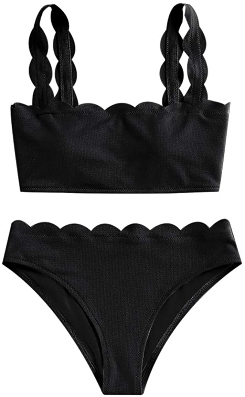 ZAFUL Women's High Waisted Wide Strap Adjustable Back Lace-up Bikini Set Swimsuit Apparel & Accessories > Clothing > Swimwear ZAFUL Black-c Small