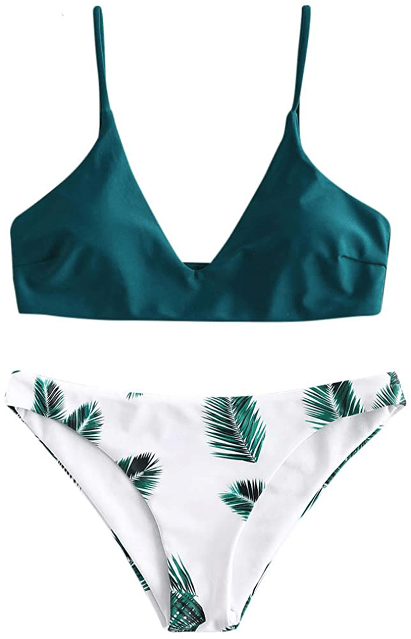 ZAFUL Women's Leaf Print Bathing Suits Adjustable Straps Bikini Set Apparel & Accessories > Clothing > Swimwear ZAFUL Peacock Blue Small