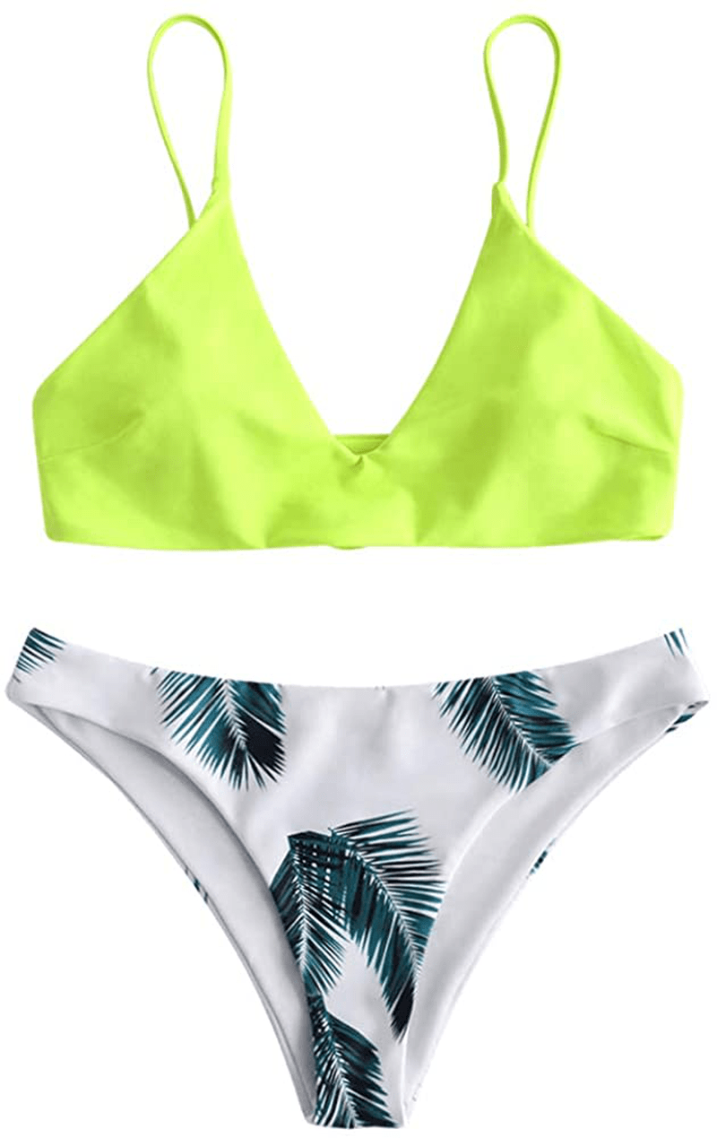 ZAFUL Women's Leaf Print Bathing Suits Adjustable Straps Bikini Set Apparel & Accessories > Clothing > Swimwear ZAFUL Green Yellow Medium