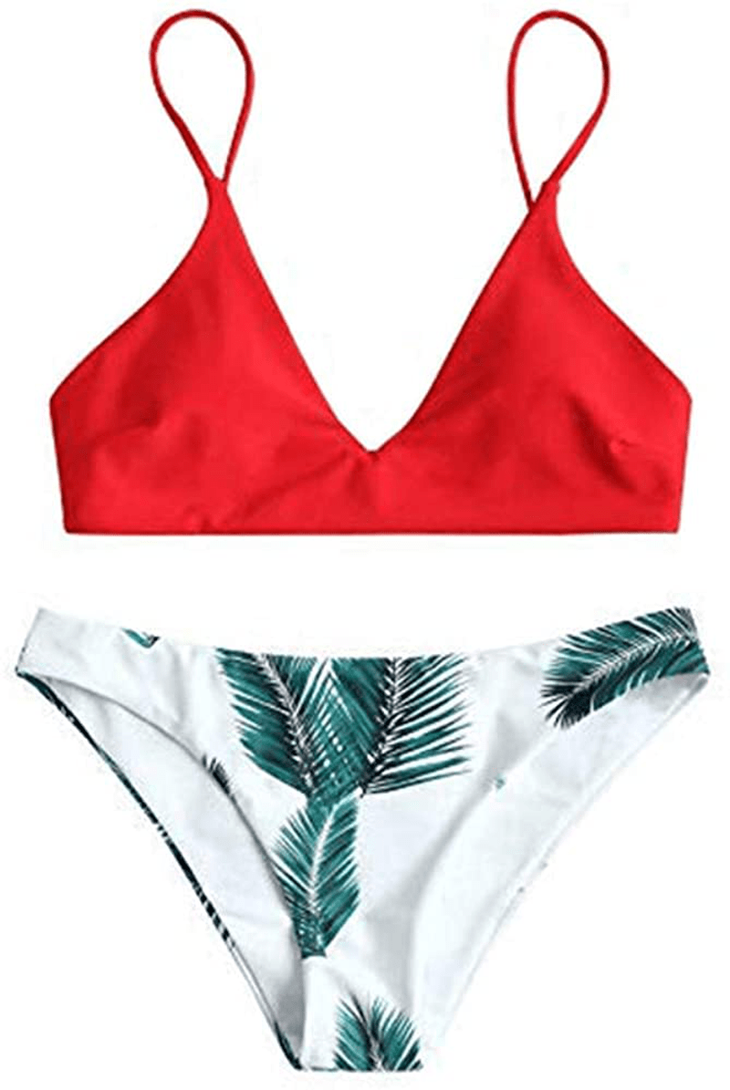 ZAFUL Women's Leaf Print Bathing Suits Adjustable Straps Bikini Set Apparel & Accessories > Clothing > Swimwear ZAFUL Love Red Medium