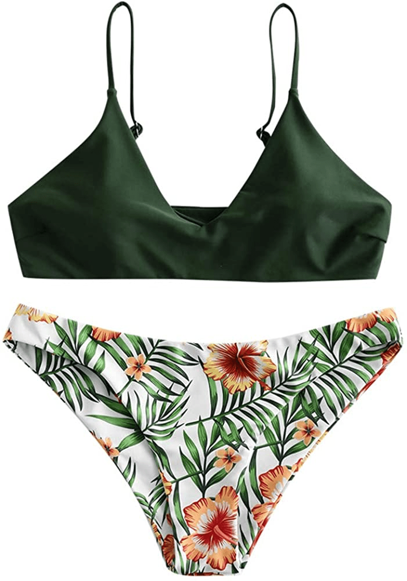 ZAFUL Women's Leaf Print Bathing Suits Adjustable Straps Bikini Set Apparel & Accessories > Clothing > Swimwear ZAFUL Hazel Green-b Large