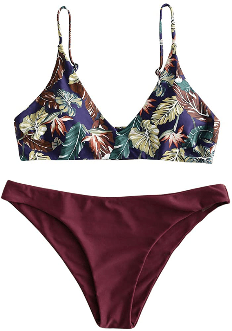 ZAFUL Women's Leaf Print Bathing Suits Adjustable Straps Bikini Set Apparel & Accessories > Clothing > Swimwear ZAFUL Red Wine-a Medium