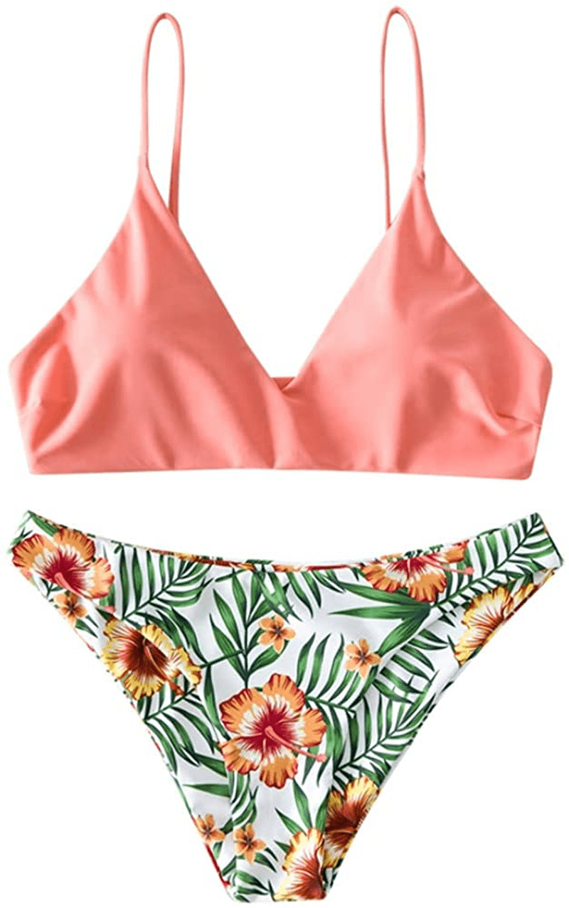 ZAFUL Women's Leaf Print Bathing Suits Adjustable Straps Bikini Set Apparel & Accessories > Clothing > Swimwear ZAFUL Orange Pink-b Small