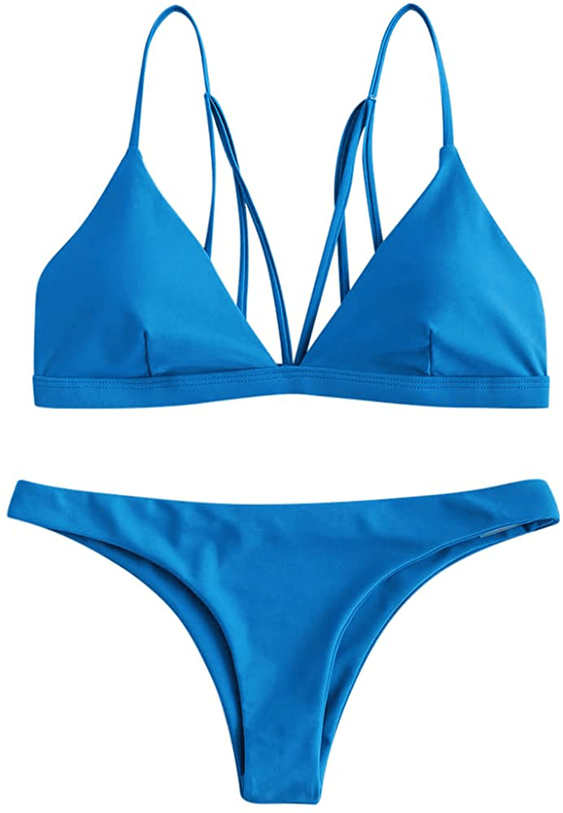 ZAFUL Women's Leaf Print Bathing Suits Adjustable Straps Bikini Set Apparel & Accessories > Clothing > Swimwear ZAFUL Blue-back Strappy Small
