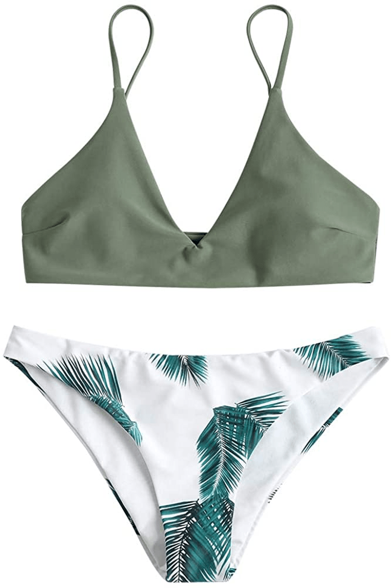 ZAFUL Women's Leaf Print Bathing Suits Adjustable Straps Bikini Set Apparel & Accessories > Clothing > Swimwear ZAFUL Camouflage Green Small