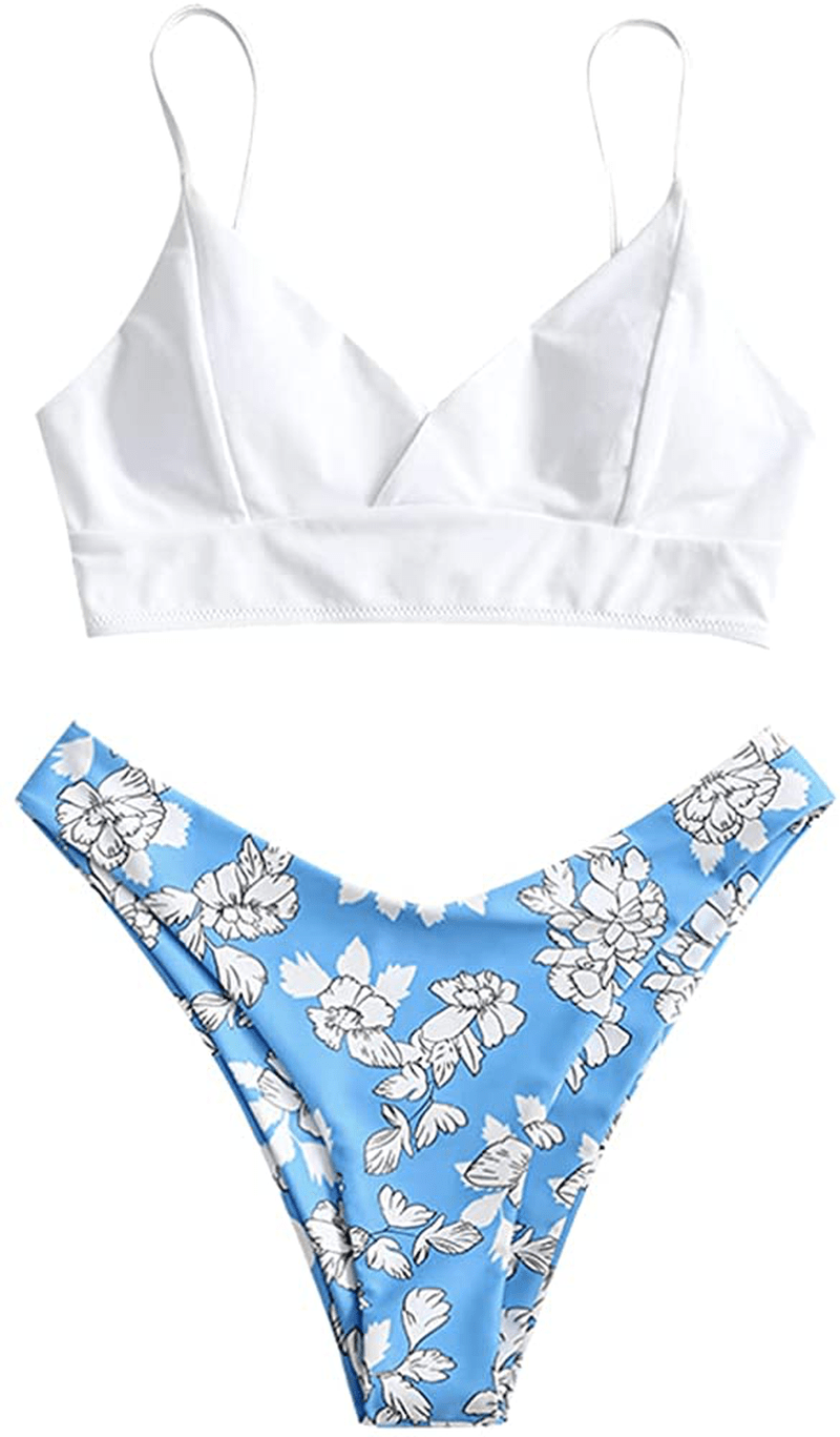 ZAFUL Women's Leaf Print Bathing Suits Adjustable Straps Bikini Set Apparel & Accessories > Clothing > Swimwear ZAFUL Cornflower Blue Large
