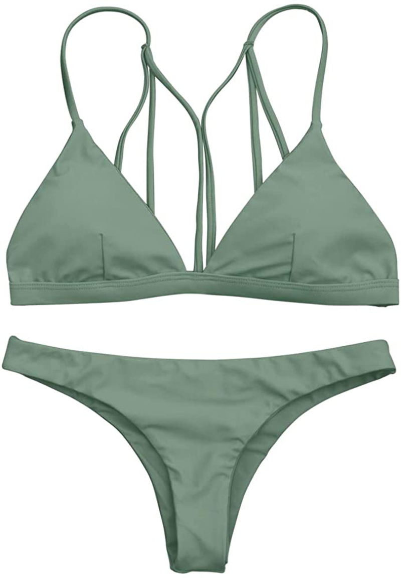 ZAFUL Women's Leaf Print Bathing Suits Adjustable Straps Bikini Set Apparel & Accessories > Clothing > Swimwear ZAFUL Green-back Strappy Medium
