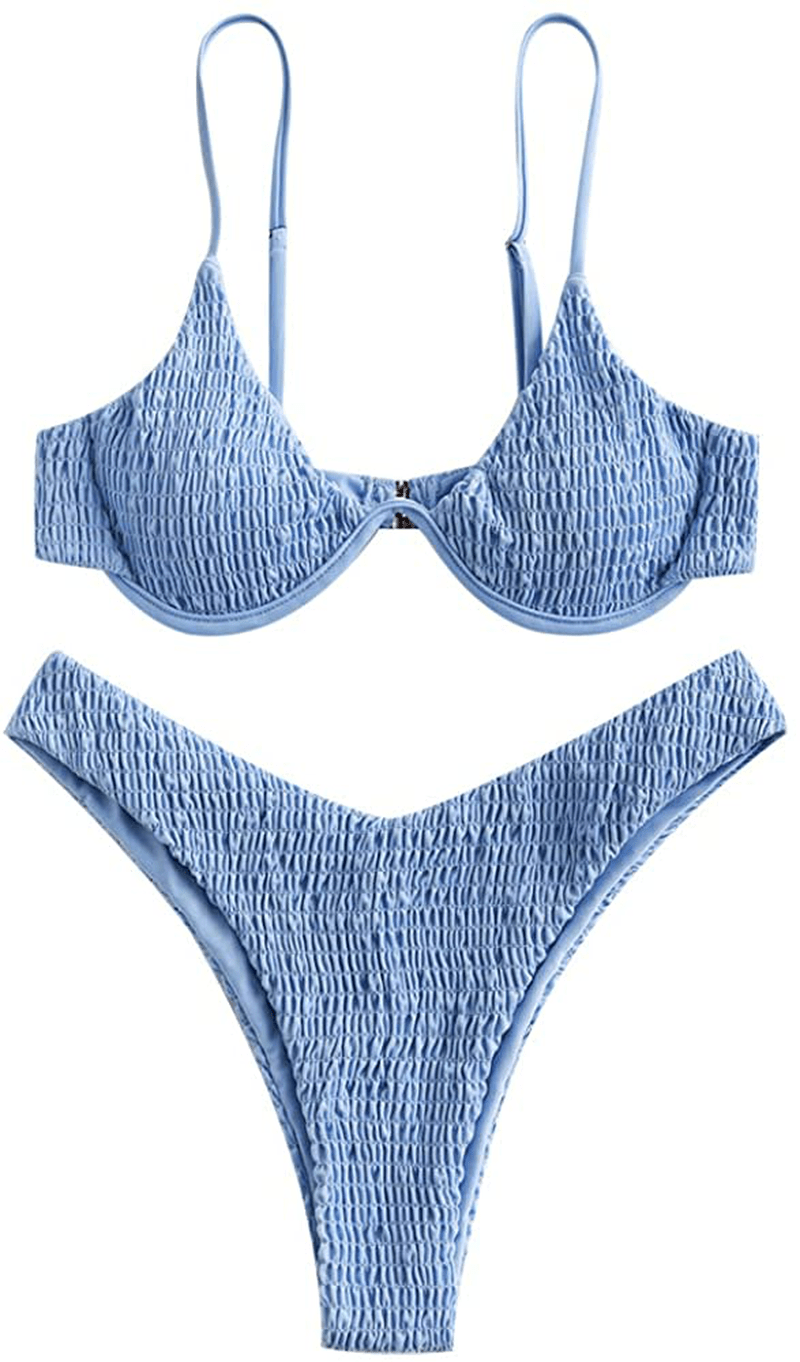 ZAFUL Women's Leopard Print Underwire High Cut Triangle Bikini Set Swimsuit Apparel & Accessories > Clothing > Swimwear ZAFUL C-blue Large