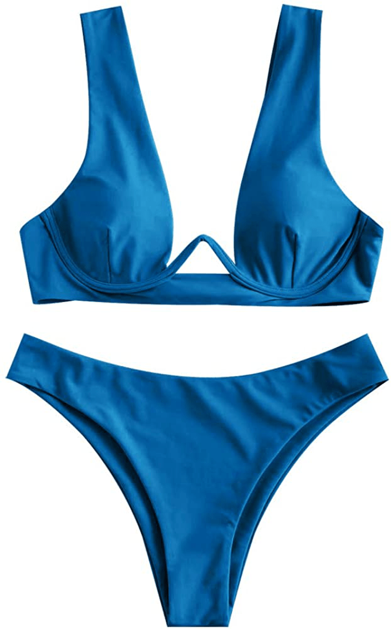 ZAFUL Women's Leopard Print Underwire High Cut Triangle Bikini Set Swimsuit Apparel & Accessories > Clothing > Swimwear ZAFUL Tie Back-ocean Blue Large