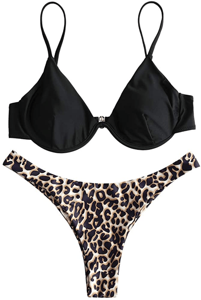 ZAFUL Women's Leopard Print Underwire High Cut Triangle Bikini Set Swimsuit Apparel & Accessories > Clothing > Swimwear ZAFUL A-black Large