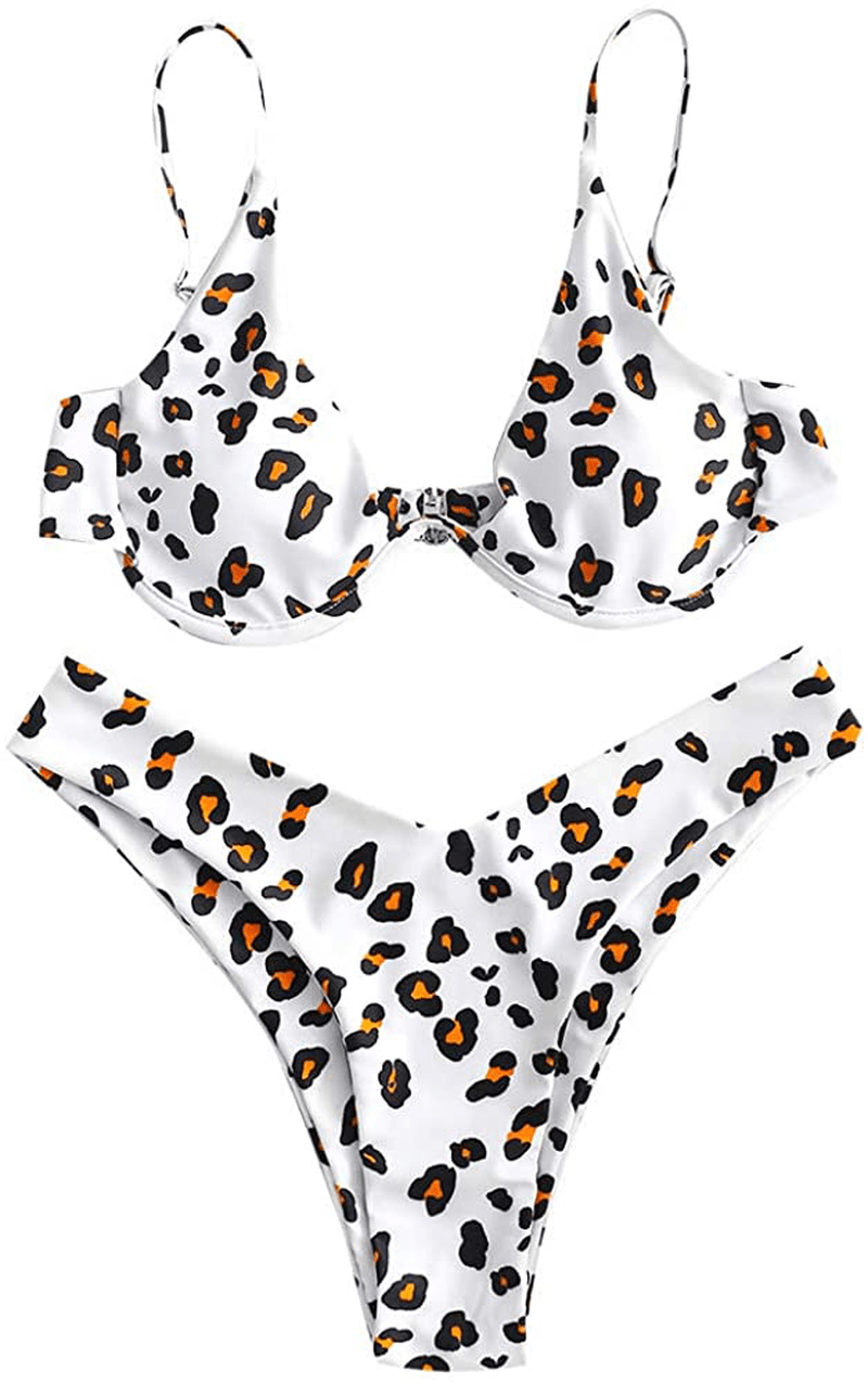 ZAFUL Women's Leopard Print Underwire High Cut Triangle Bikini Set Swimsuit Apparel & Accessories > Clothing > Swimwear ZAFUL White Large