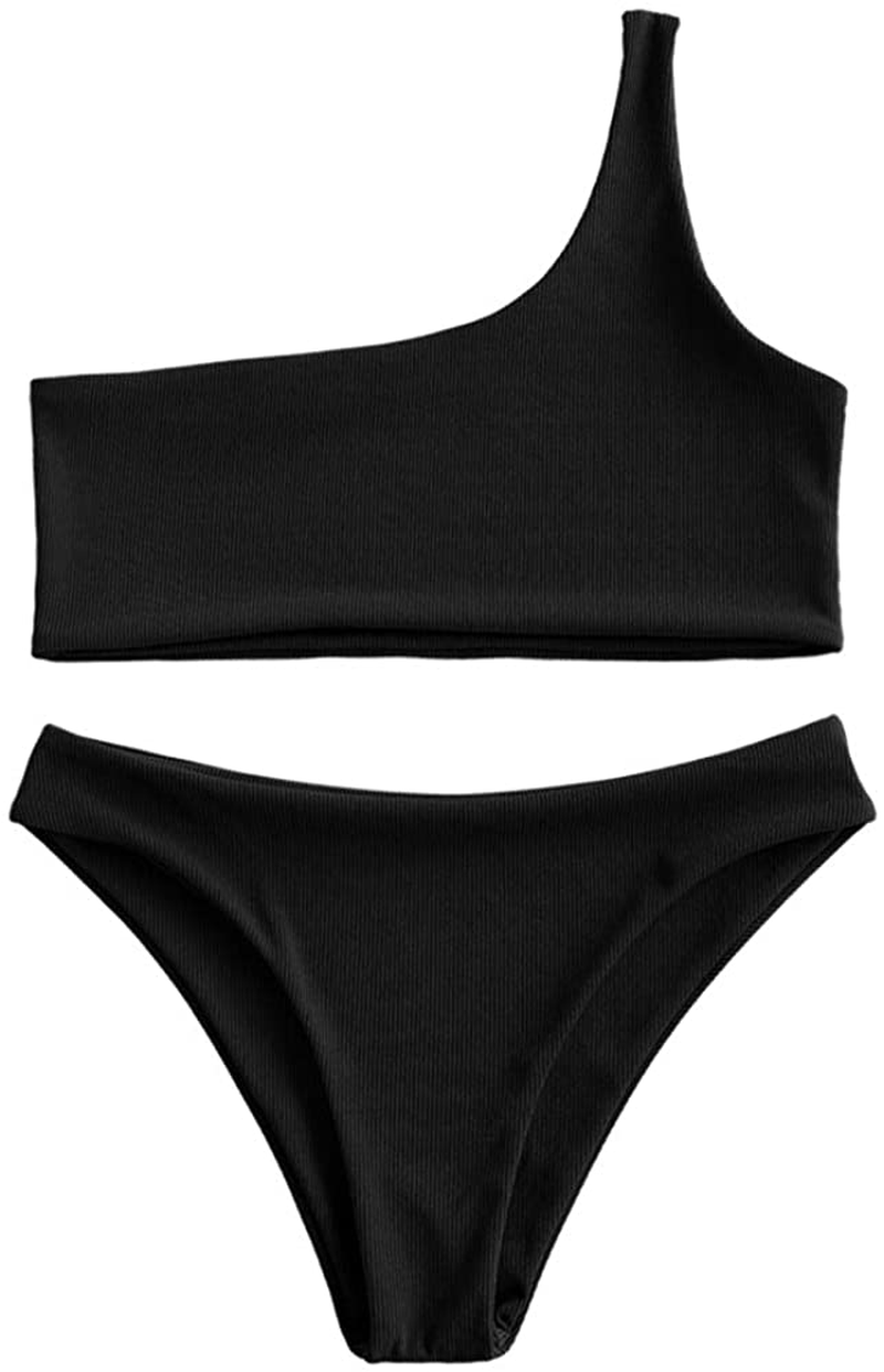 ZAFUL Women's One Shoulder Cut Out Ribbed Bandeau Bikini Set Two Piece Swimsuit Apparel & Accessories > Clothing > Swimwear ZAFUL Ribbed-black Small