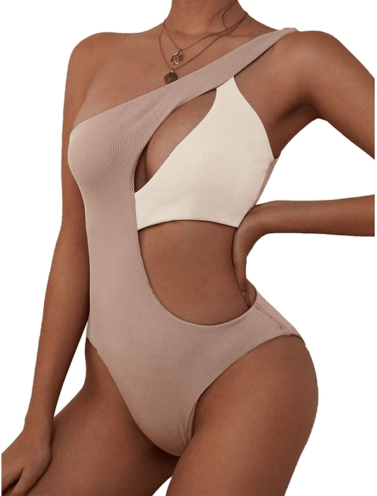 ZAFUL Women'S One Shoulder Ribbed Bikini Colorblock Cutout One-Piece Swimsuit Swimwear Apparel & Accessories > Clothing > Swimwear Kylie Max