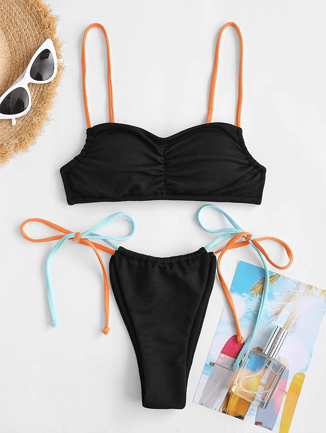 ZAFUL Women's Ribbed Braided String Bikini Lace Up Criss Cross Swimsuit Square Collar High Cut Bathing Suit Apparel & Accessories > Clothing > Swimwear ZAFUL