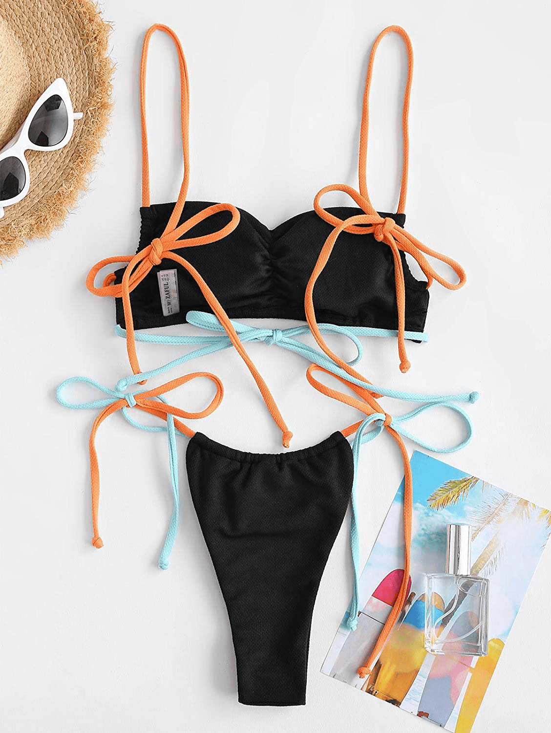 ZAFUL Women's Ribbed Braided String Bikini Lace Up Criss Cross Swimsuit Square Collar High Cut Bathing Suit Apparel & Accessories > Clothing > Swimwear ZAFUL