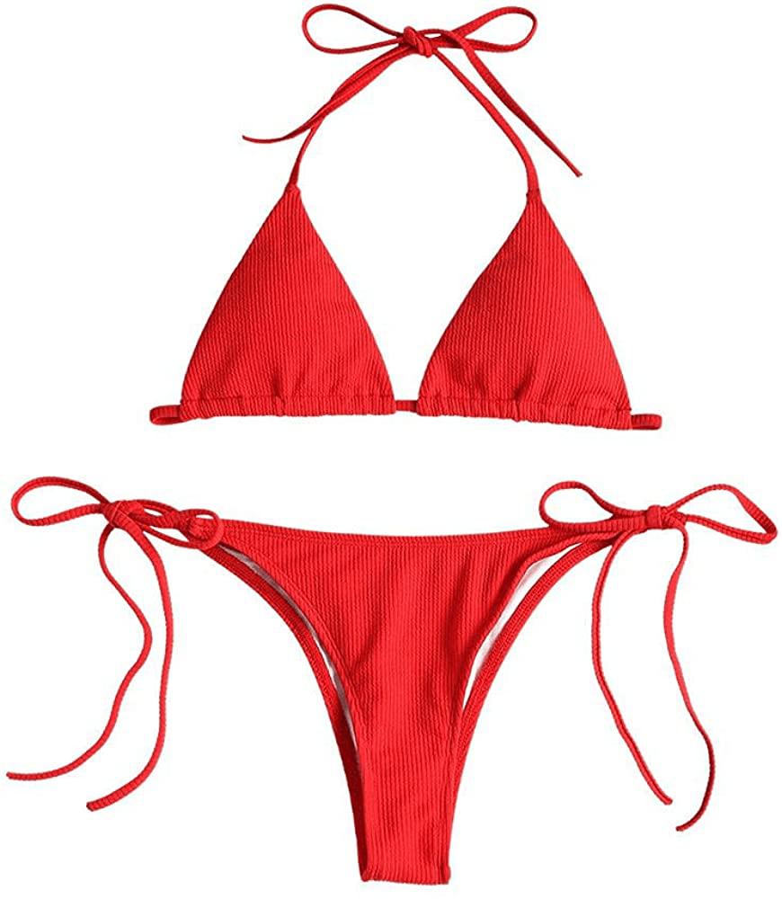 ZAFUL Women's Ribbed Braided String Bikini Lace Up Criss Cross Swimsuit Square Collar High Cut Bathing Suit Apparel & Accessories > Clothing > Swimwear ZAFUL Red Medium
