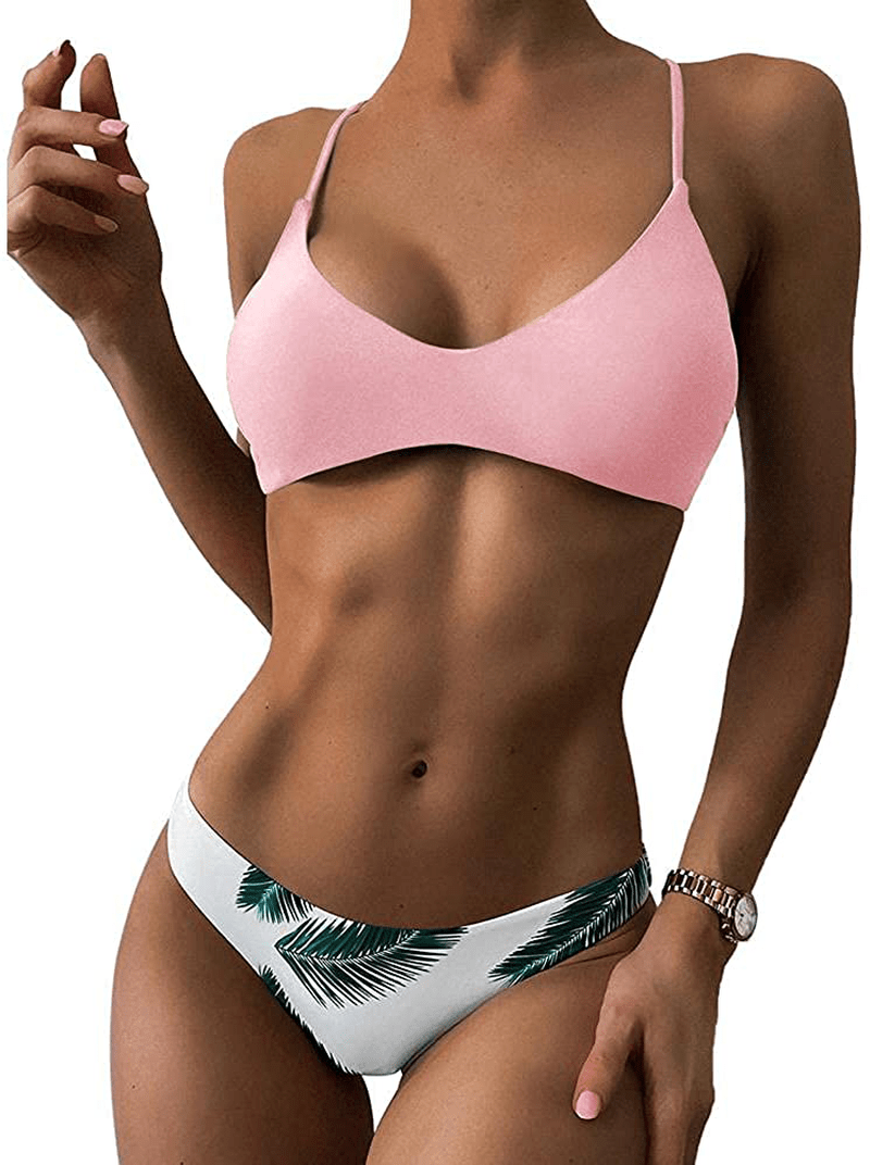 ZAFUL Women's Ribbed Braided String Bikini Lace Up Criss Cross Swimsuit Square Collar High Cut Bathing Suit Apparel & Accessories > Clothing > Swimwear ZAFUL Pink Large
