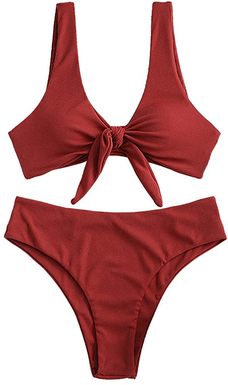ZAFUL Women's Ribbed Tie Front Knot Bikini High Waisted Bikini Ditsy Floral High Cut Bikini Swimsuit Apparel & Accessories > Clothing > Swimwear ZAFUL Red-0# Small