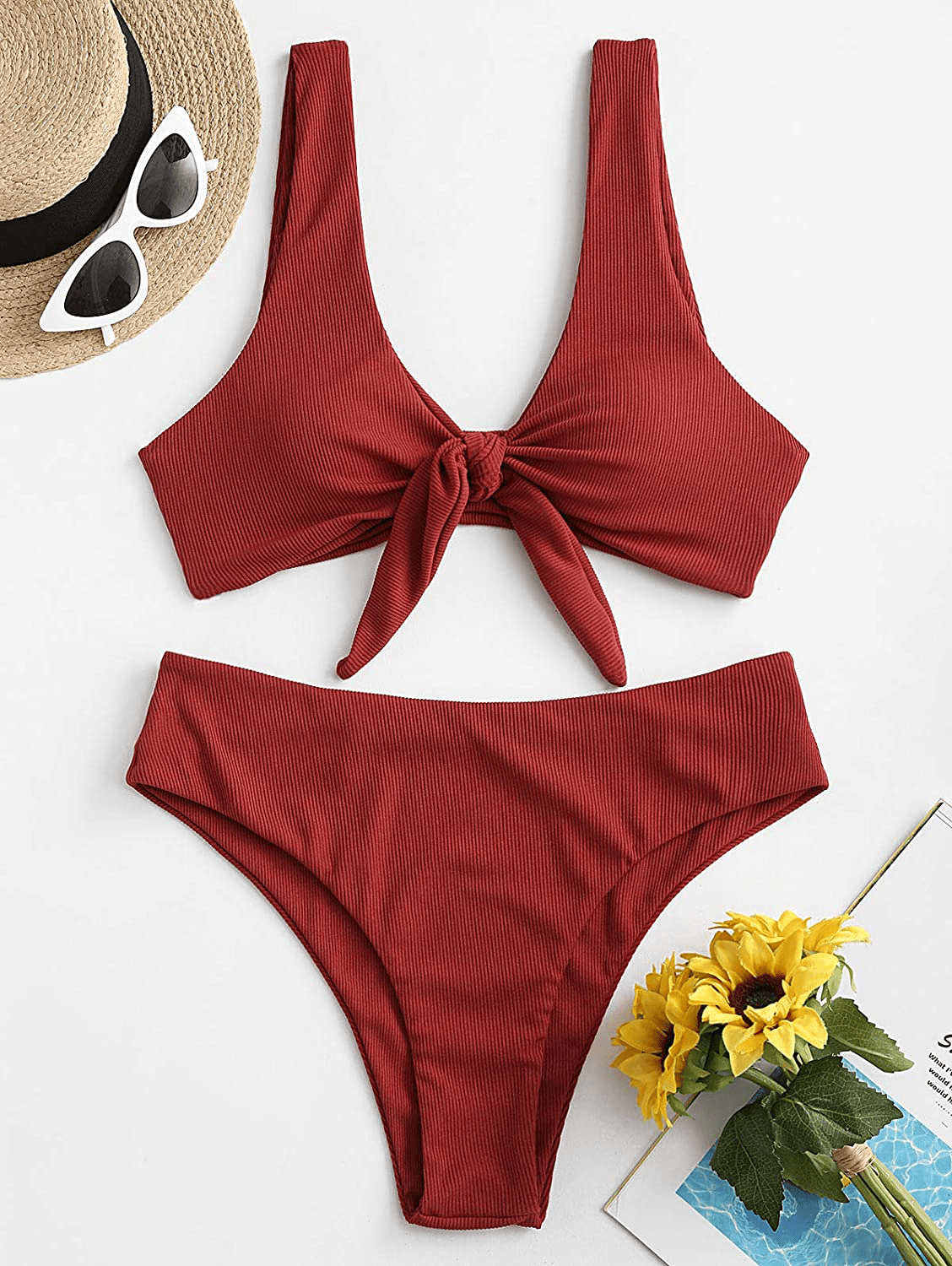 ZAFUL Women's Ribbed Tie Front Knot Bikini High Waisted Bikini Ditsy Floral High Cut Bikini Swimsuit Apparel & Accessories > Clothing > Swimwear ZAFUL