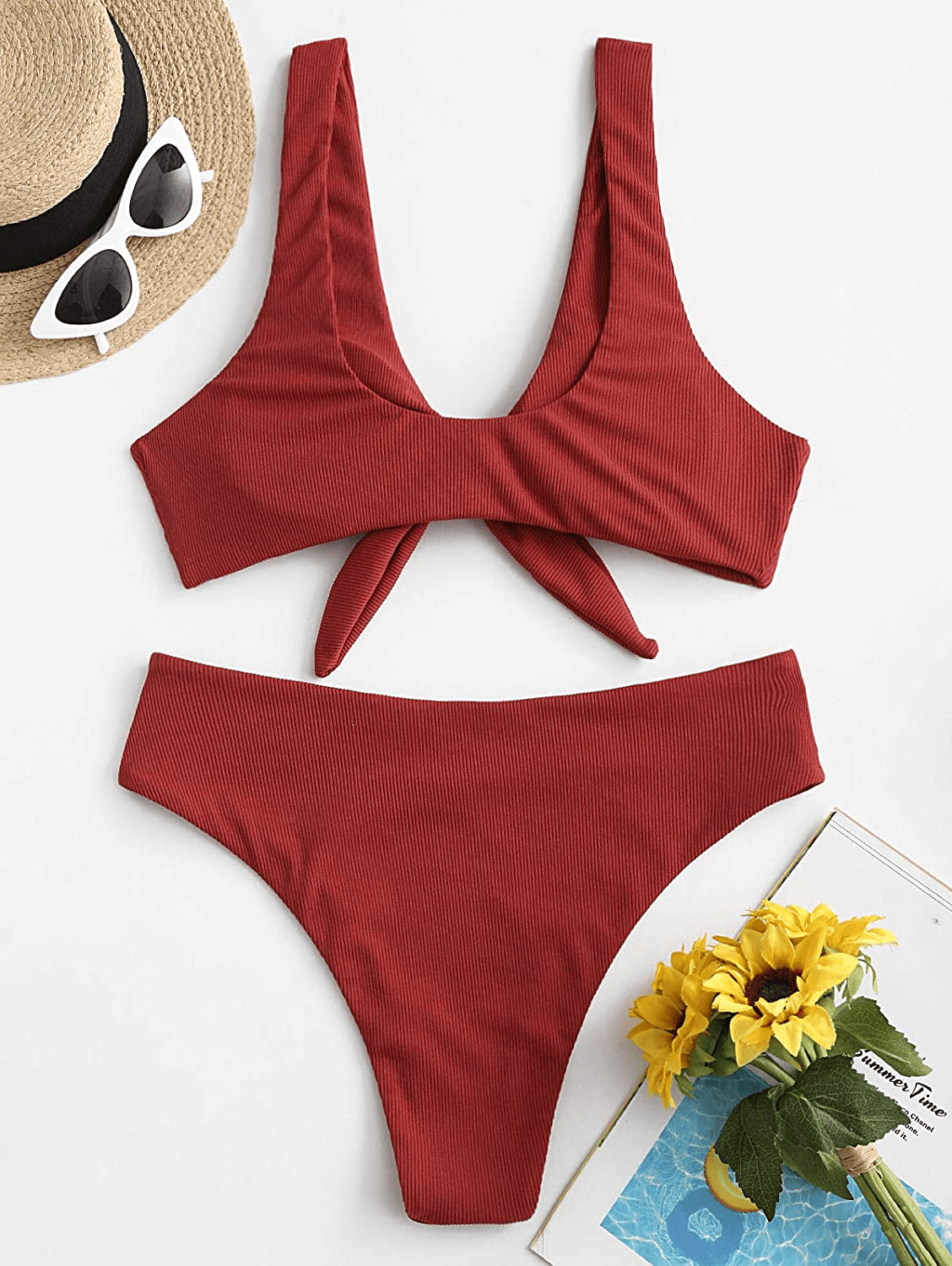ZAFUL Women's Ribbed Tie Front Knot Bikini High Waisted Bikini Ditsy Floral High Cut Bikini Swimsuit Apparel & Accessories > Clothing > Swimwear ZAFUL