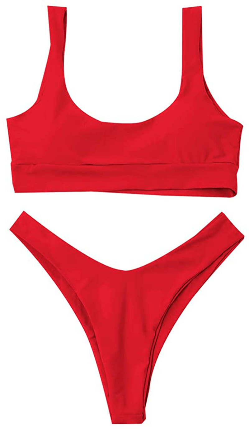 ZAFUL Women's Scoop Neck Padded Printed High Cut Bikini Set Two Piece Swimsuit Apparel & Accessories > Clothing > Swimwear ZAFUL C-red Small