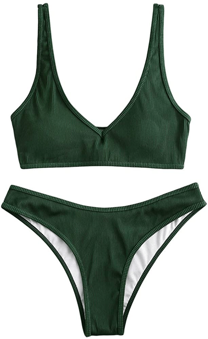 ZAFUL Women's Scoop Neck Padded Printed High Cut Bikini Set Two Piece Swimsuit Apparel & Accessories > Clothing > Swimwear ZAFUL A-deep Green Small