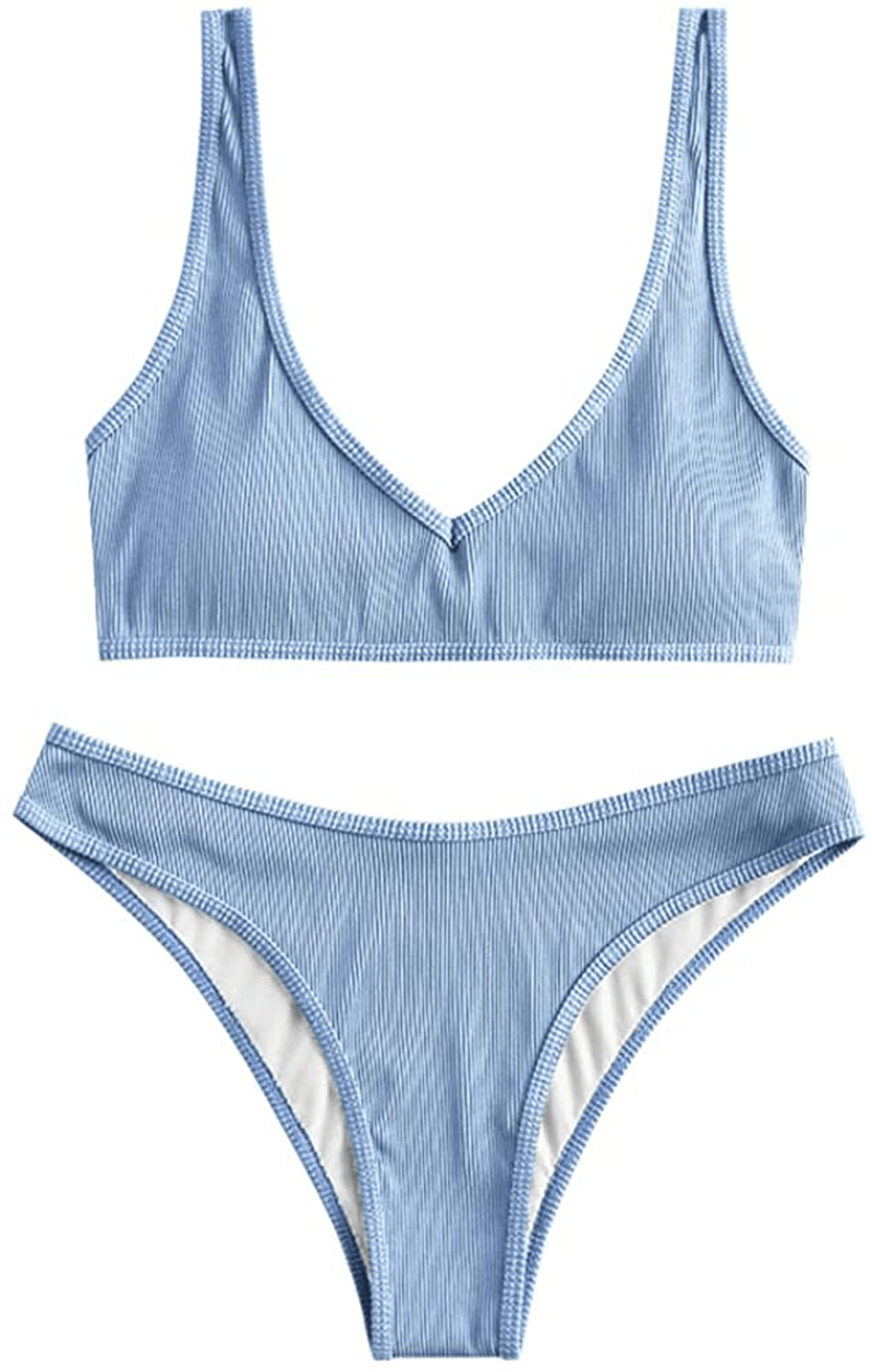 ZAFUL Women's Scoop Neck Padded Printed High Cut Bikini Set Two Piece Swimsuit Apparel & Accessories > Clothing > Swimwear ZAFUL A-light Blue Large