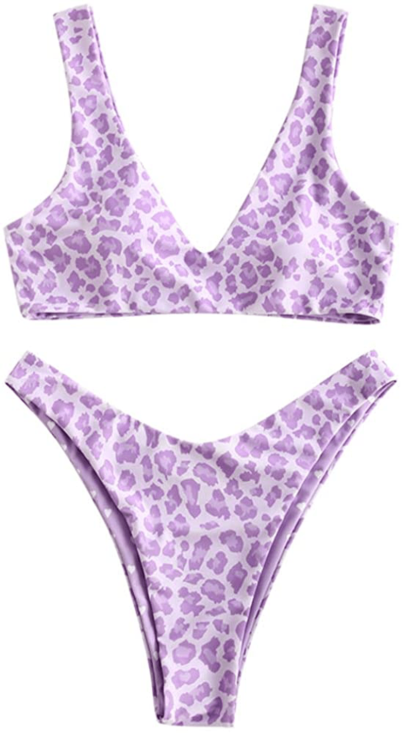 ZAFUL Women's Scoop Neck Padded Printed High Cut Bikini Set Two Piece Swimsuit Apparel & Accessories > Clothing > Swimwear ZAFUL B-purple Large