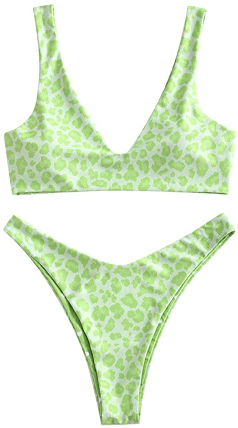 ZAFUL Women's Scoop Neck Padded Printed High Cut Bikini Set Two Piece Swimsuit Apparel & Accessories > Clothing > Swimwear ZAFUL B-light Green Large