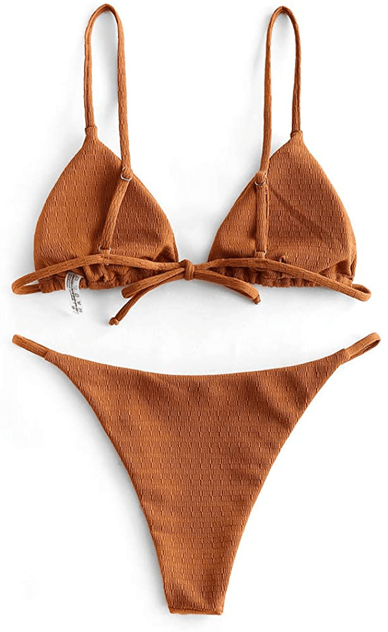 ZAFUL Women'S Sexy Spaghetti Strap Smocked String Triangle 2 Piece Bikini Set Swimsuits Apparel & Accessories > Clothing > Swimwear Kylie Max
