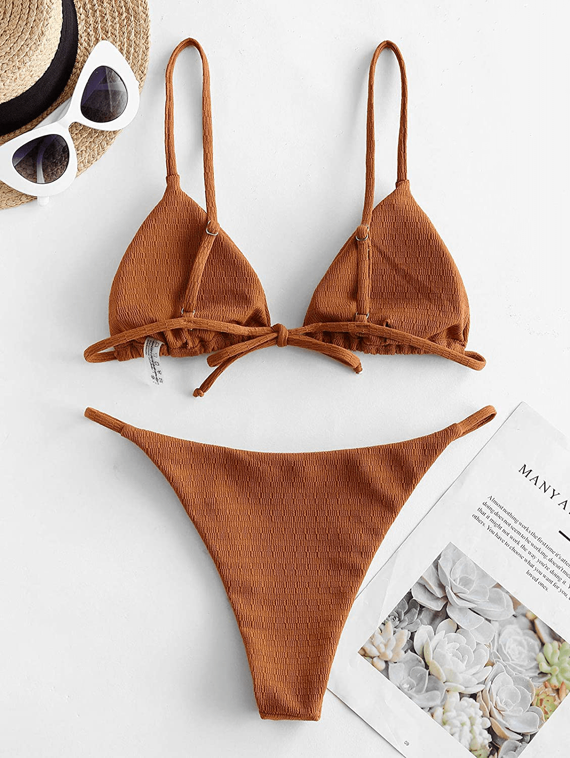 ZAFUL Women'S Sexy Spaghetti Strap Smocked String Triangle 2 Piece Bikini Set Swimsuits Apparel & Accessories > Clothing > Swimwear Kylie Max