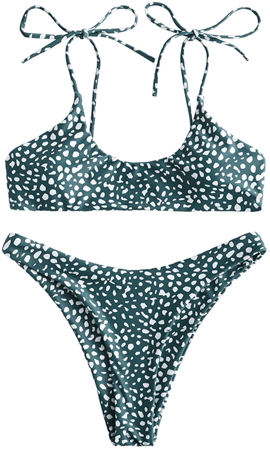 ZAFUL Women's Sexy Tie Shoulders Ribbed Bikini Set Padded Strap Triangle Swimsuit Apparel & Accessories > Clothing > Swimwear ZAFUL Green Medium