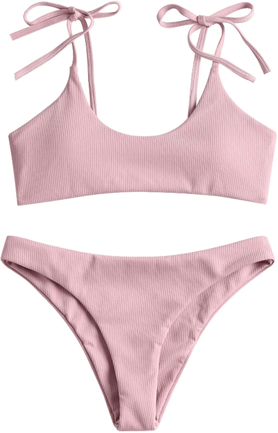 ZAFUL Women's Sexy Tie Shoulders Ribbed Bikini Set Padded Strap Triangle Swimsuit Apparel & Accessories > Clothing > Swimwear ZAFUL Pink Medium