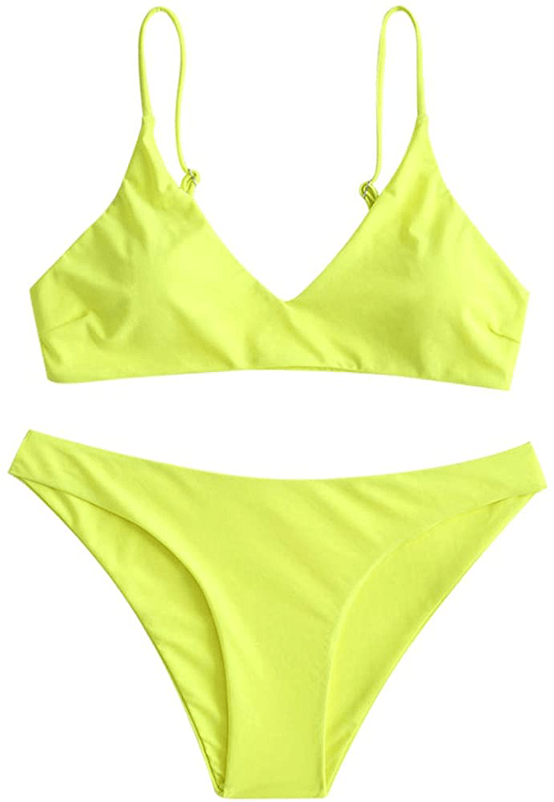ZAFUL Women's Solid Spaghetti Strap Bralette Bikini Set Two Piece Swimsuit Apparel & Accessories > Clothing > Swimwear ZAFUL Tea Green Small
