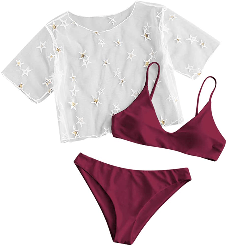 ZAFUL Women's Solid Spaghetti Strap Bralette Bikini Set Two Piece Swimsuit Apparel & Accessories > Clothing > Swimwear ZAFUL 3 Piece-deep Red Large
