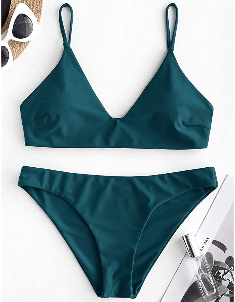 ZAFUL Women's Solid Spaghetti Strap Bralette Bikini Set Two Piece Swimsuit Apparel & Accessories > Clothing > Swimwear ZAFUL
