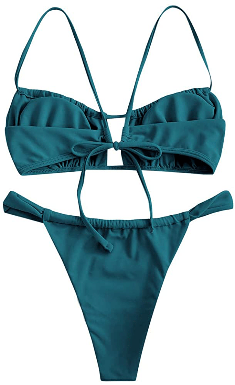 ZAFUL Women's Spaghetti Strap Cutout Keyhole Ruched Tie Cami Bikini Set Swimsuit Apparel & Accessories > Clothing > Swimwear ZAFUL