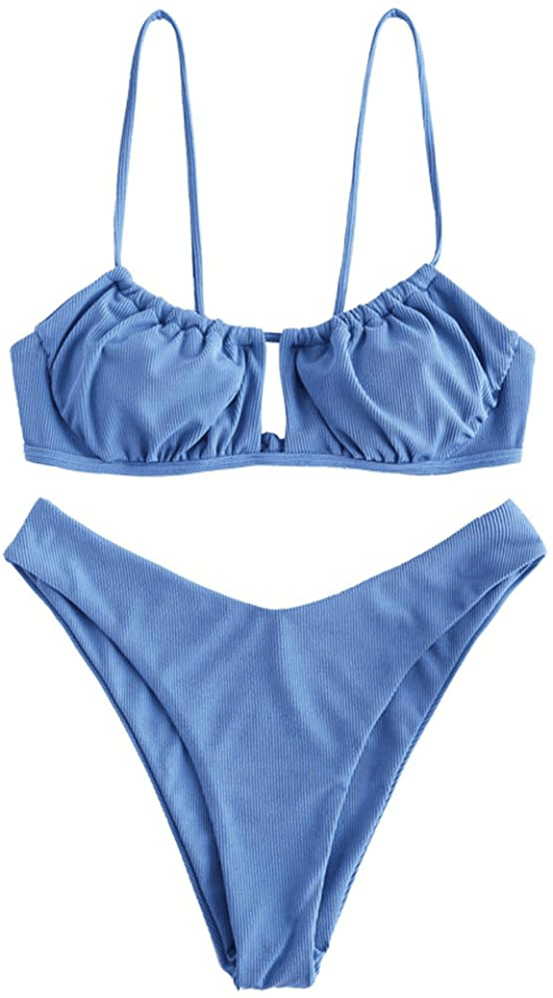 ZAFUL Women's Spaghetti Strap Cutout Keyhole Ruched Tie Cami Bikini Set Swimsuit Apparel & Accessories > Clothing > Swimwear ZAFUL W-light Blue Medium