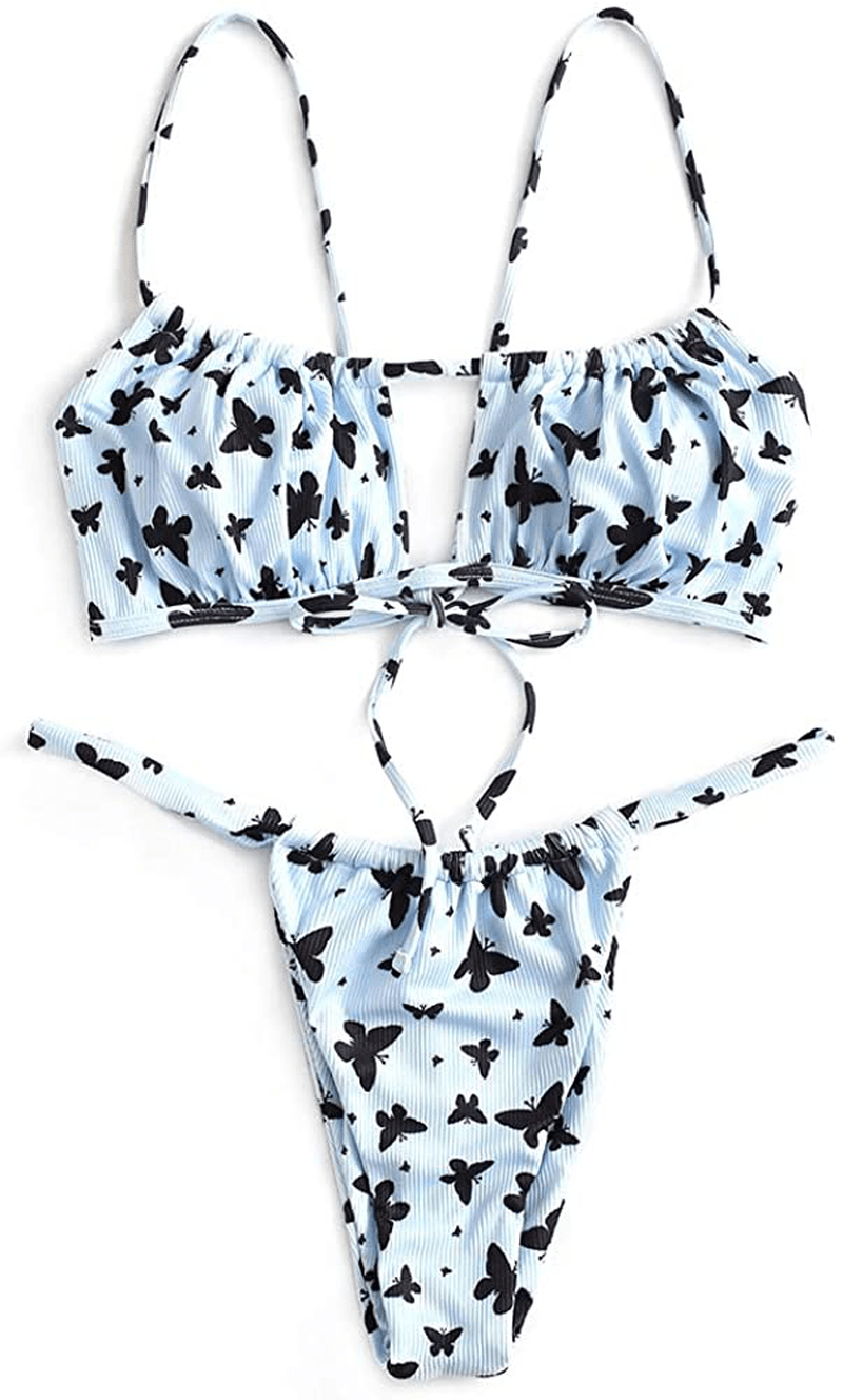 ZAFUL Women's Spaghetti Strap Cutout Keyhole Ruched Tie Cami Bikini Set Swimsuit Apparel & Accessories > Clothing > Swimwear ZAFUL V-sky Blue Medium