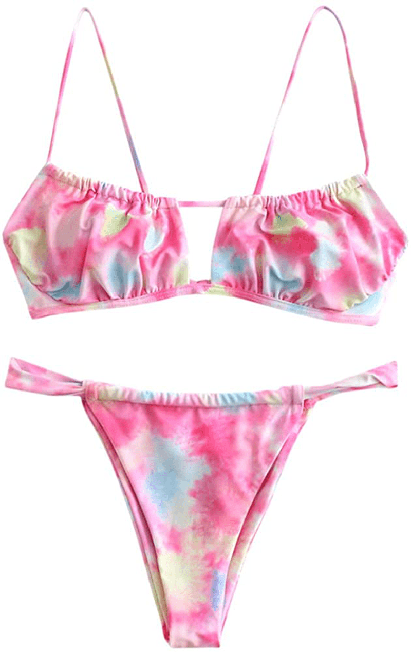 ZAFUL Women's Spaghetti Strap Cutout Keyhole Ruched Tie Cami Bikini Set Swimsuit Apparel & Accessories > Clothing > Swimwear ZAFUL P-multi-a Large