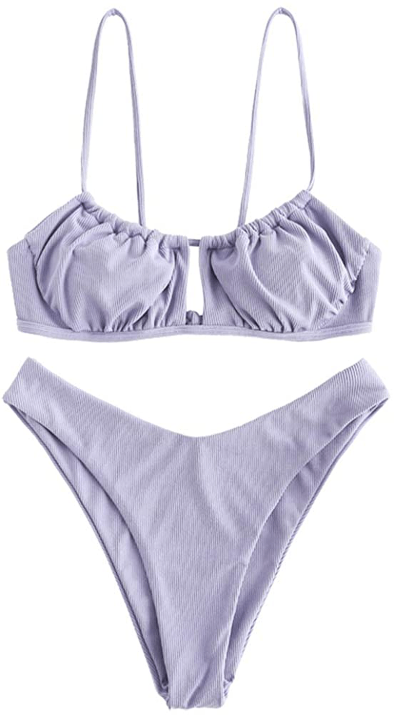 ZAFUL Women's Spaghetti Strap Cutout Keyhole Ruched Tie Cami Bikini Set Swimsuit Apparel & Accessories > Clothing > Swimwear ZAFUL W-light Purple Small