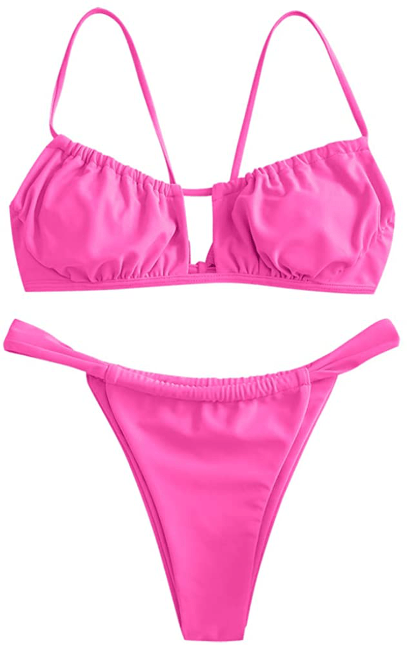 ZAFUL Women's Spaghetti Strap Cutout Keyhole Ruched Tie Cami Bikini Set Swimsuit Apparel & Accessories > Clothing > Swimwear ZAFUL A-hot Pink Large