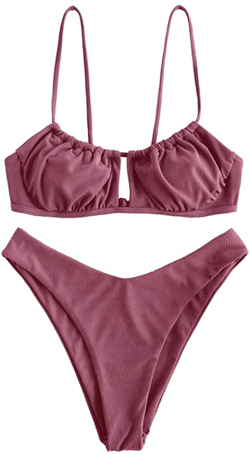 ZAFUL Women's Spaghetti Strap Cutout Keyhole Ruched Tie Cami Bikini Set Swimsuit Apparel & Accessories > Clothing > Swimwear ZAFUL W-light Pink Medium