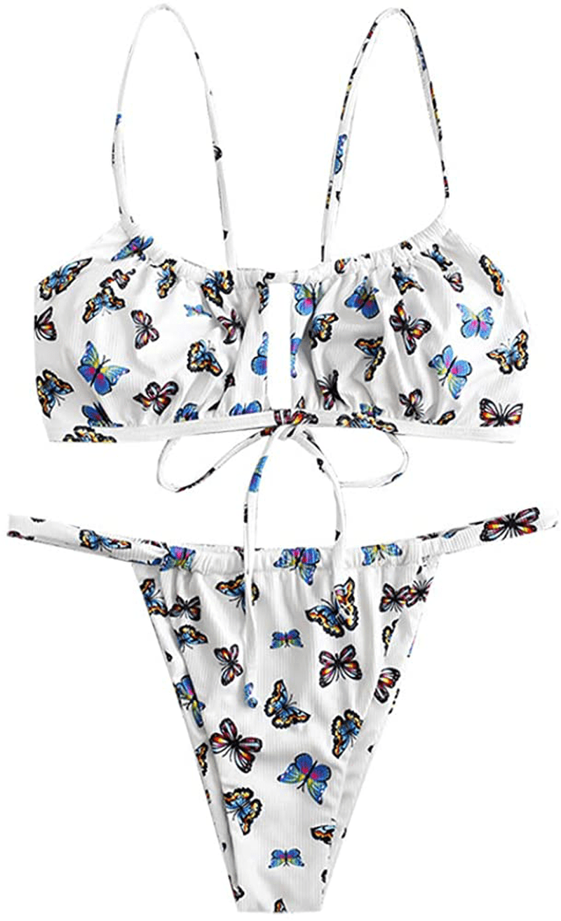 ZAFUL Women's Spaghetti Strap Cutout Keyhole Ruched Tie Cami Bikini Set Swimsuit Apparel & Accessories > Clothing > Swimwear ZAFUL V-white Large