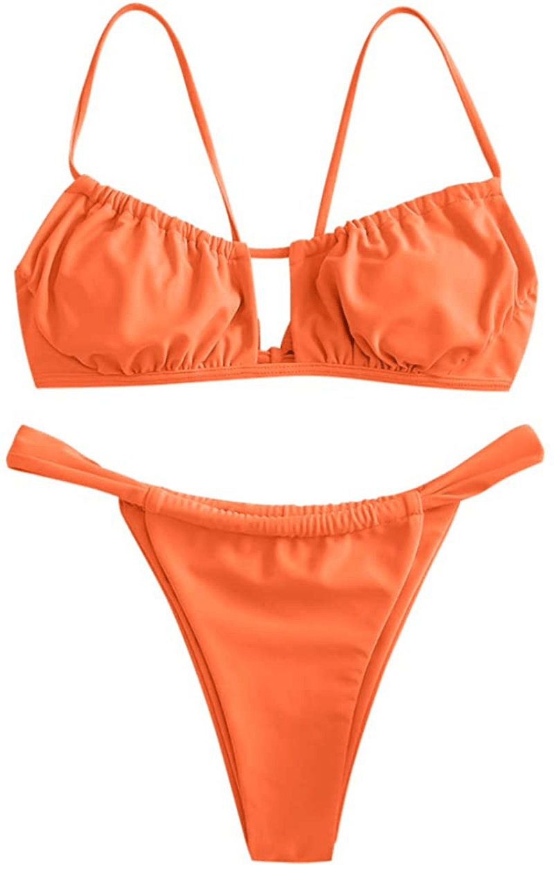 ZAFUL Women's Spaghetti Strap Cutout Keyhole Ruched Tie Cami Bikini Set Swimsuit Apparel & Accessories > Clothing > Swimwear ZAFUL A-pumpkin Orange Large